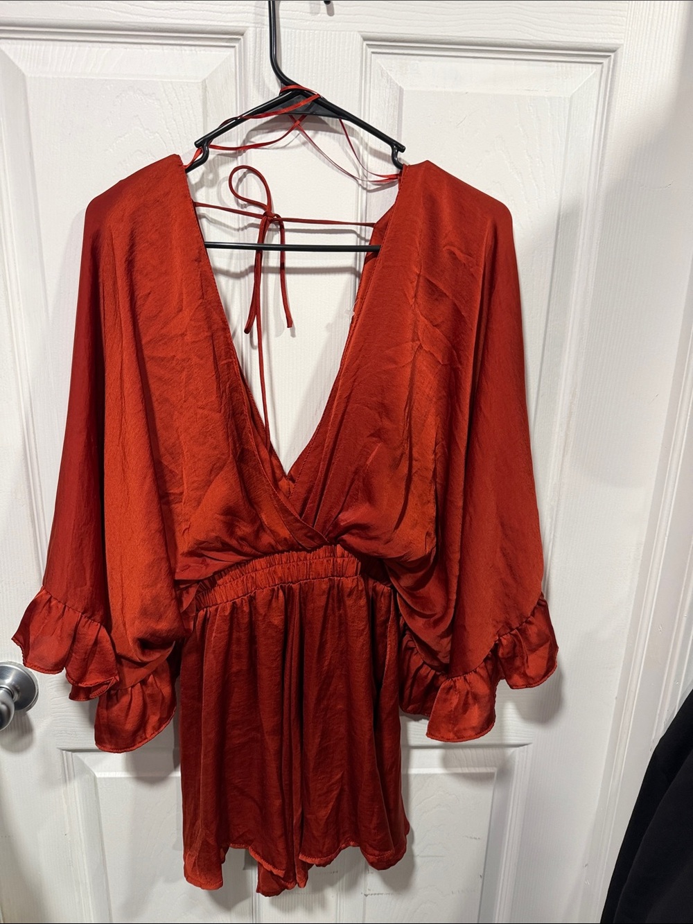 glam Red Satin Deep V Romper